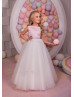Beaded Pink Satin Ivory Tulle Floor Length Flower Girl Dress